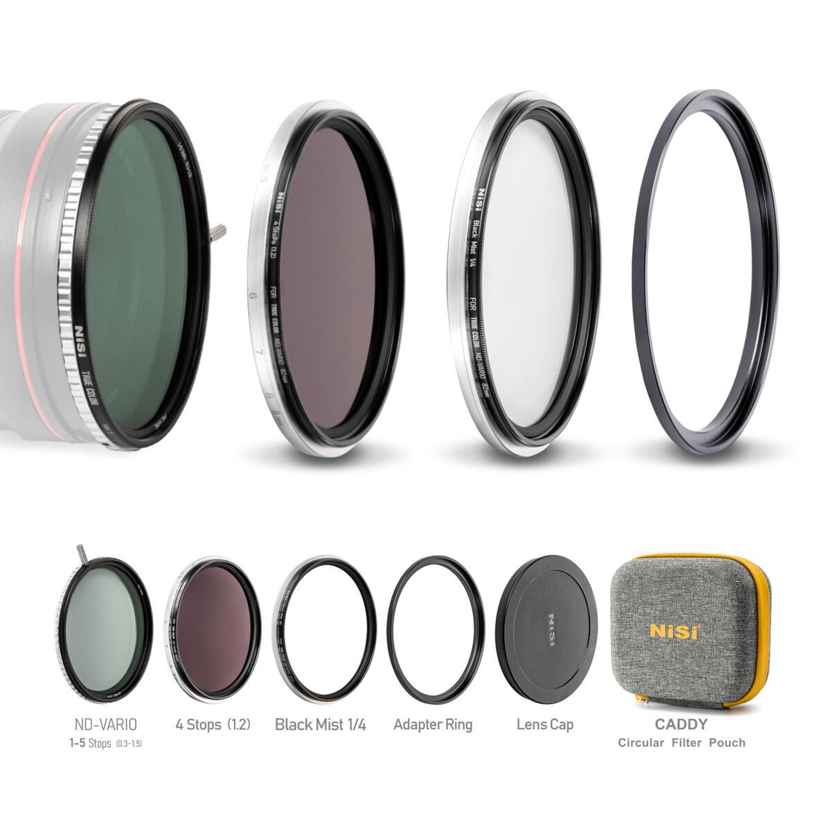 NIST NiSi LDinhs X & E a NISI C 1000 - F FOR i I I I FOR Il coLm CRNRON 1 1 CIN NiSi ND-VARIO 1-5 Stops 03-15 4 Stops (1.2) Black Mist 1/4 Adapter Ring Lens Cap CADDY Circular Filter Pouch