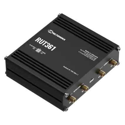 TELTONIKA (9:30 VD VDC) RUT361 - TELTONIKA Made in Lithuania LT-51436 K. in Kaunas NETWORKS, Lithuania RE. UAS Lithuania 66 MOBILE Default IP: 192.168.1.1 168.1. A MA RESET ESS WIRELESS