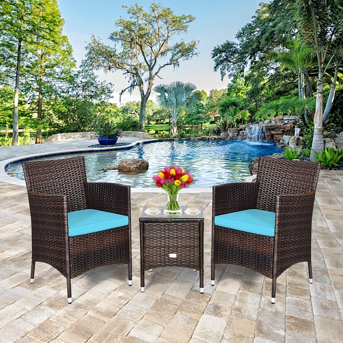 Gymax - 3PCS Patio Rattan Chair & Table Furniture Set Outdoor w/ Cushion - Turquoise price history on PriceWatchPro