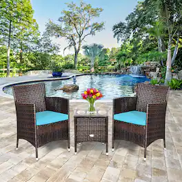 Gymax - 3PCS Patio Rattan Chair & Table Furniture Set Outdoor w/ Cushion - Turquoise