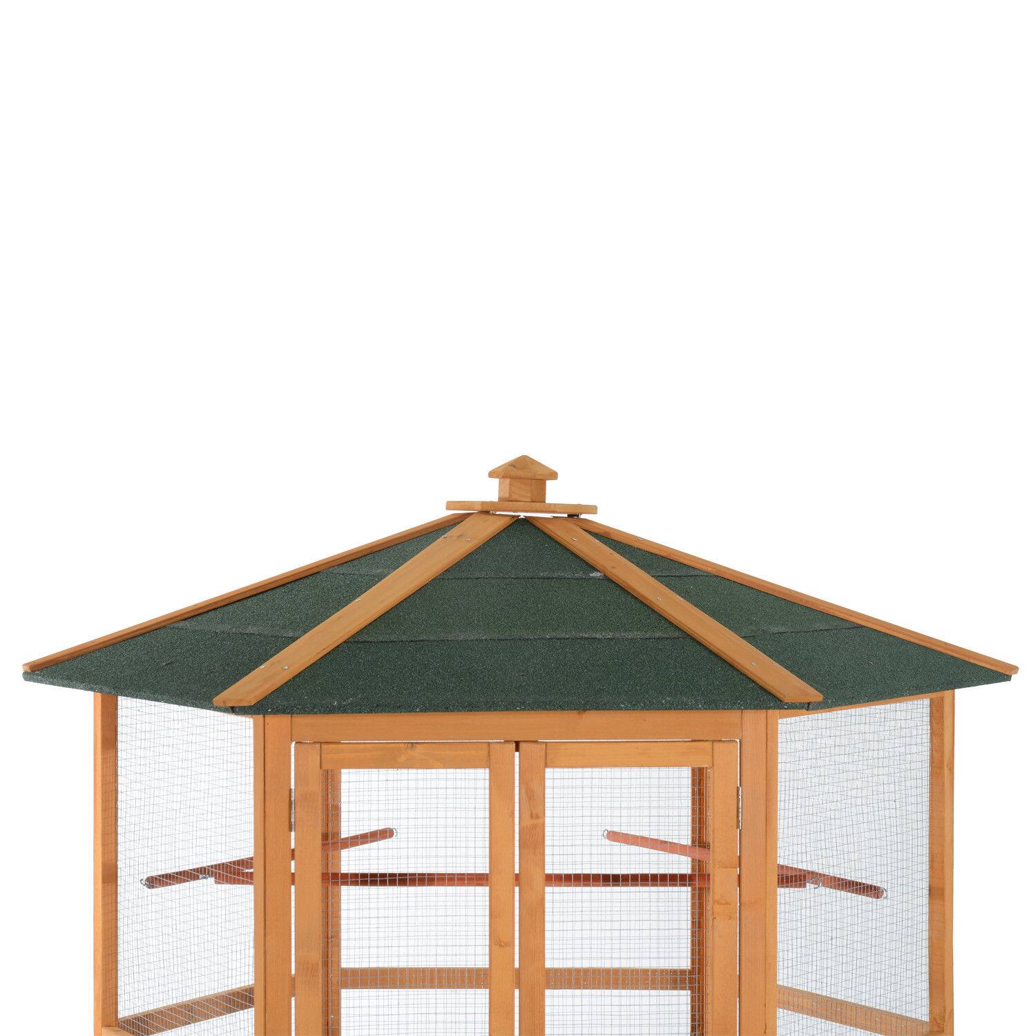 Alt View 1. Pawhut - 69" Large Wooden Hexagonal Outdoor Aviary Flight Bird Cage With Covered Roof.