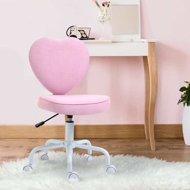 HTUTWOO - Armless Home Office Desk Chair, Modern Fabric Makeup Vanity Chair with Heart Shape, Swivel Wheels, Height Adjustable - Pink