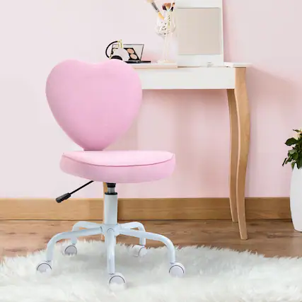 Front. HTUTWOO - Armless Home Office Desk Chair, Modern Fabric Makeup Vanity Chair with Heart Shape, Swivel Wheels, Height Adjustable - Pink.