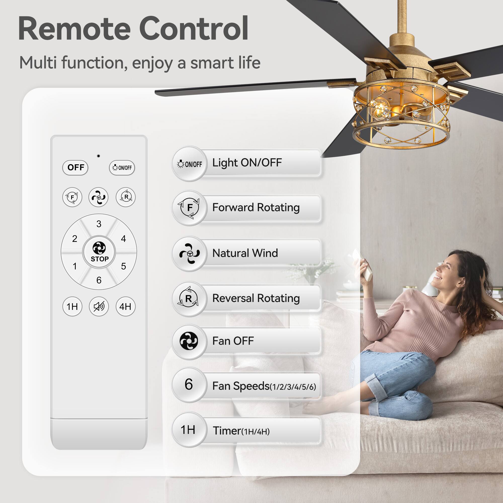 Remote Control  
Multi function, enjoy a smart life  

- OFF  
- ON/OFF  
- Light ON/OFF  
- Forward Rotating  
- Natural Wind  
- Reversal Rotating  
- Fan OFF  
- Fan Speeds (1/2/3/4/5/6)  
- Timer (1H/4H)  

Buttons:  
- OFF  
- ON/OFF  
- Light ON/OFF  
- Forward Rotating  
- Natural Wind  
- Reversal Rotating  
- Fan OFF  
- Fan Speeds (1/2/3/4/5/6)  
- Timer (1H/4H)