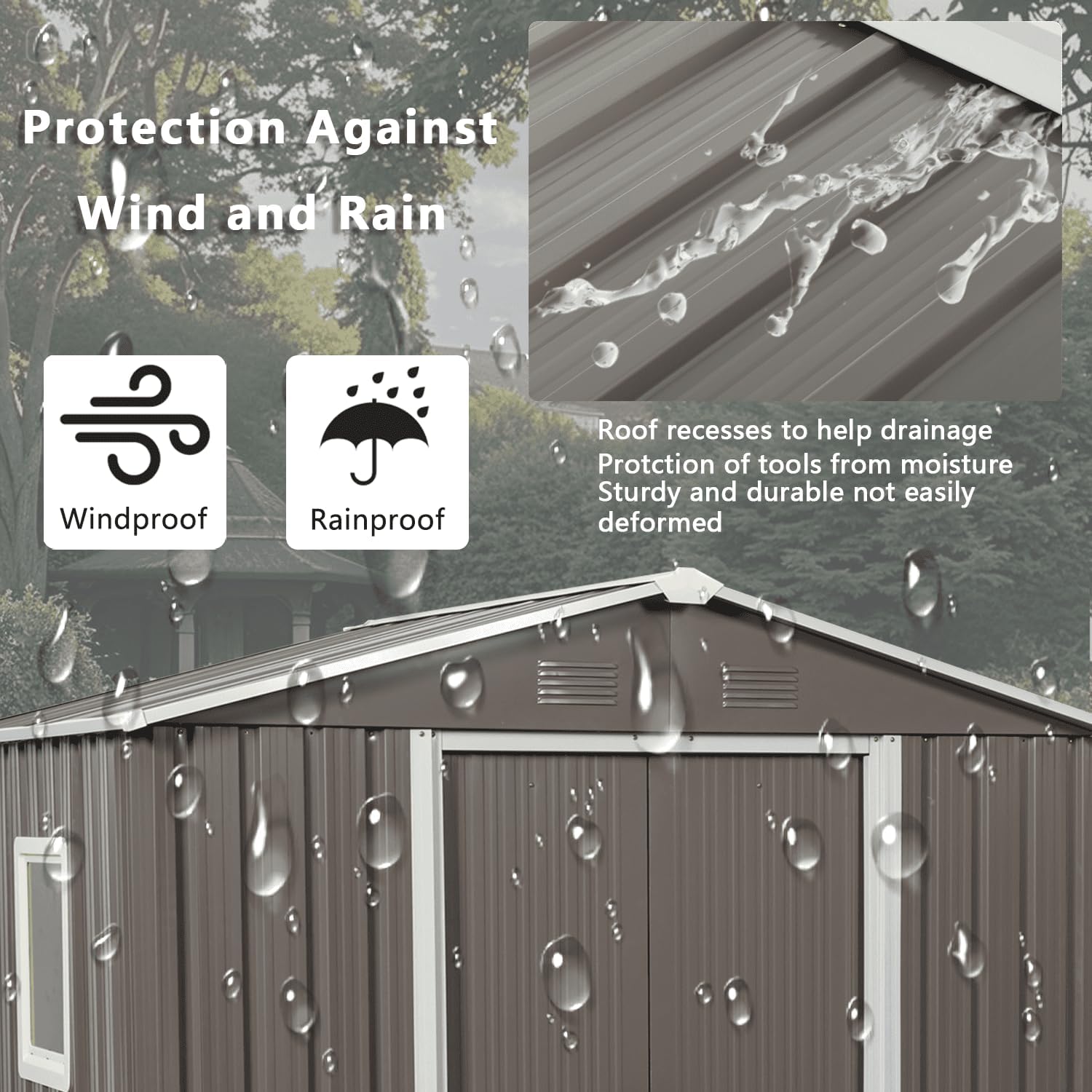 Protection Against Wind and Rain

Windproof
Rainproof

Roof recesses to help drainage
Protection of tools from moisture
Sturdy and durable not easily deformed