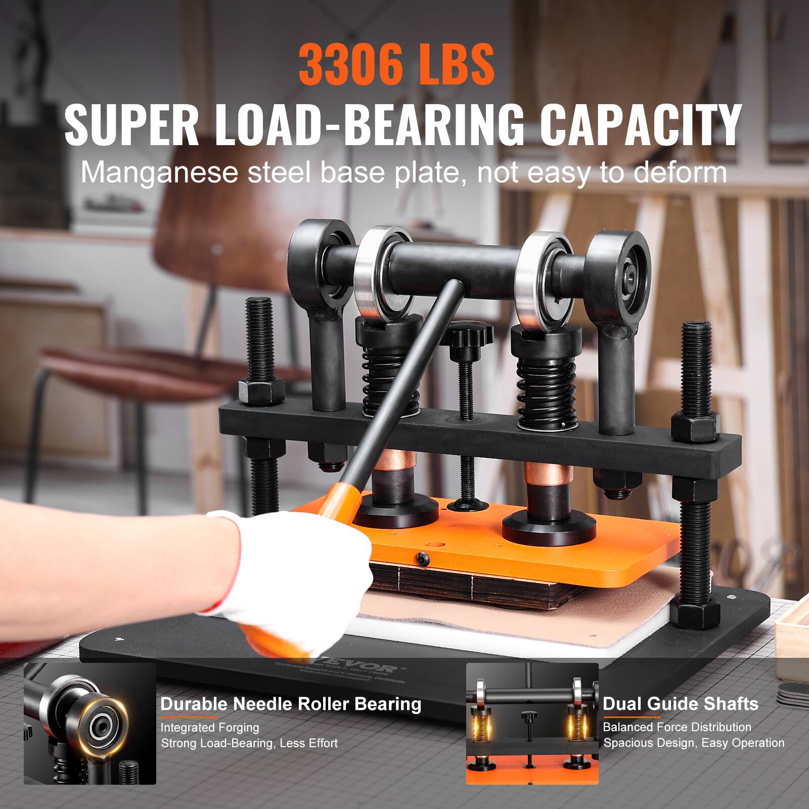 3306 LBS SUPER LOAD-BEARING CAPACITY  
Manganese steel base plate, not easy to deform

EVOR reports, - Durable Needle Roller Bearing  
Integrated Forging  
Strong Load-Bearing, Less Effort

Dual Guide Shafts  
Balanced Force Distribution  
Spacious Design, Easy Operation