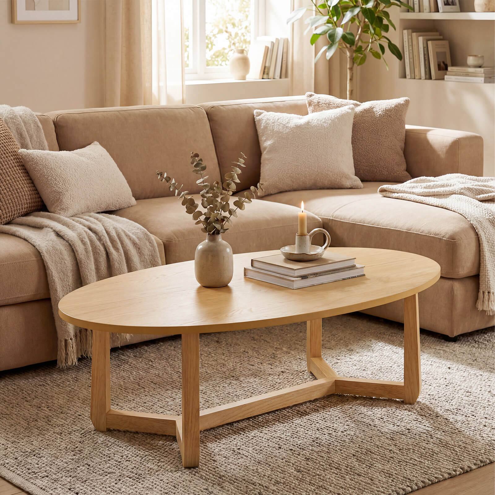 Alt View 1. Costway - Costway 46" Oval Coffee Table with Thickened Top & Solid Rubber Wood Frame for Living Room - Natural.