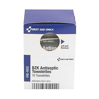 FIRST AID ONLY

BZK Antiseptic Towelettes

10 Towelettes

Lift and Remove

ANS/USEA Z3081-2015

FALE-4002