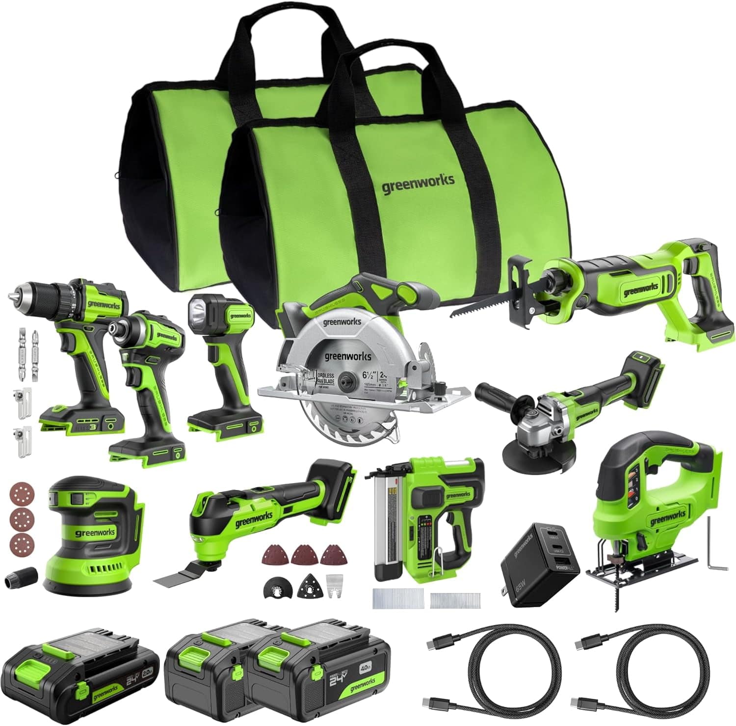 Greenworks - 24V 10pcs Combo, Drill+Impact Driver+Circular Saw+Recip Saw+Jig Saw+Sander+Light+Multi-Tool+Nailer+Grinder - Green