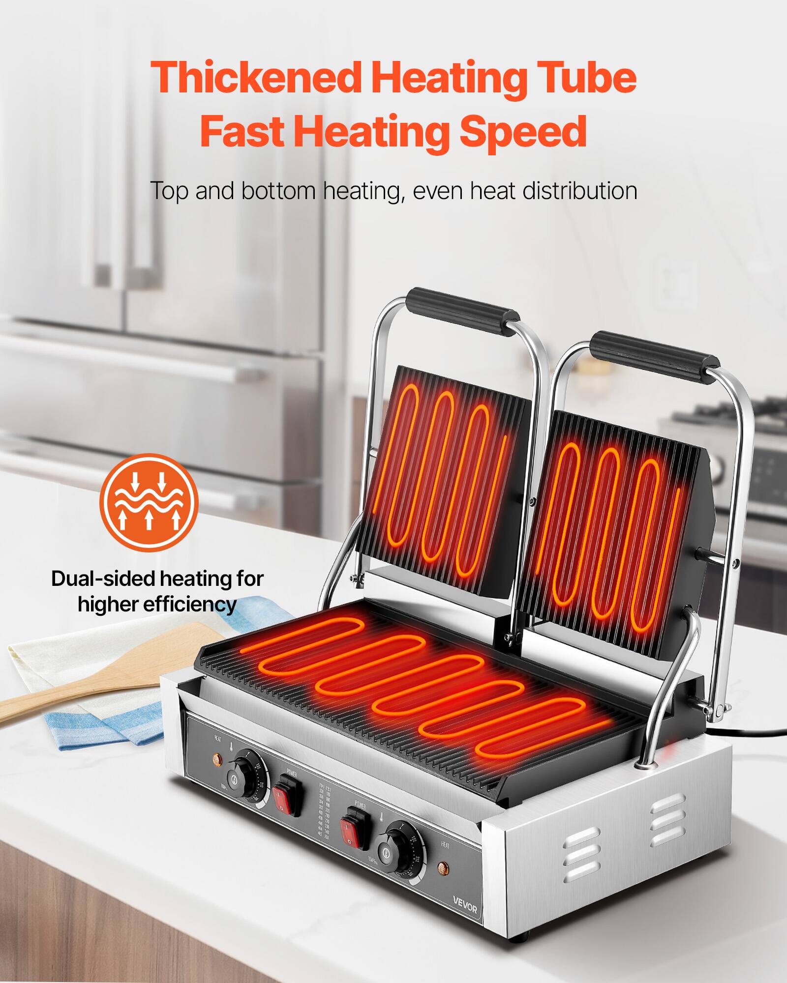 Thickened Heating Tube Fast Heating Speed  
Top and bottom heating, even heat distribution  
Dual-sided heating for higher efficiency  
4g VEVOR