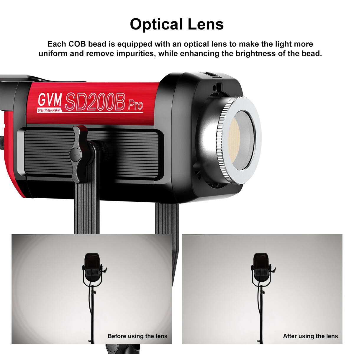 Optical Lens

Each COB bead is equipped with an optical lens to make the light more uniform and remove impurities, while enhancing the brightness of the bead.

GVM SD200B Pro

Before using the lens

After using the lens