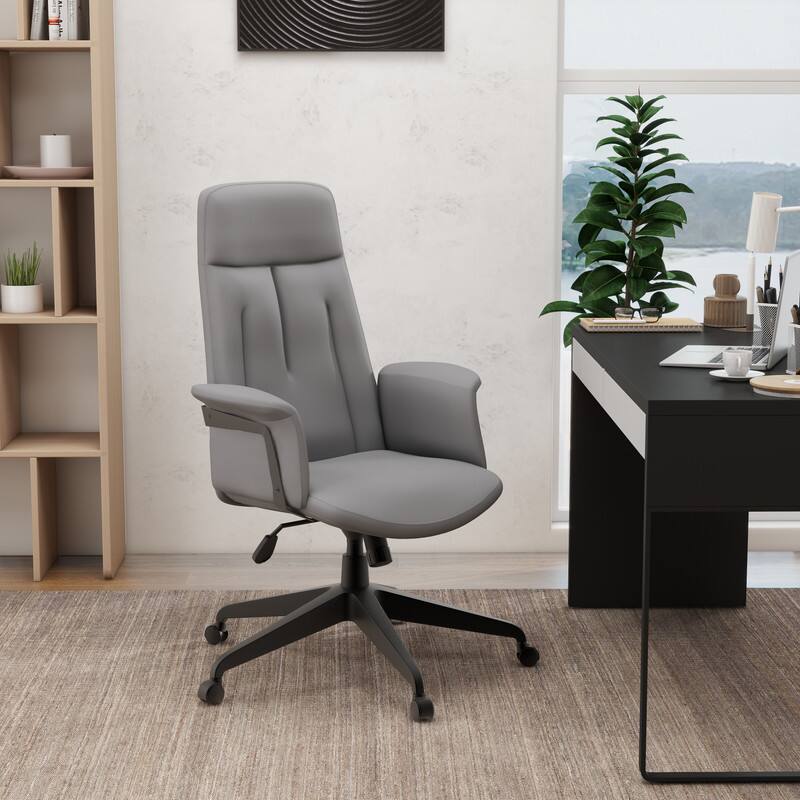 Left. LeisureMod - Inifini High Back Office Chair Ergonomic PU Leather Lumbar Support Foam Cushion Iron Frame - Grey.