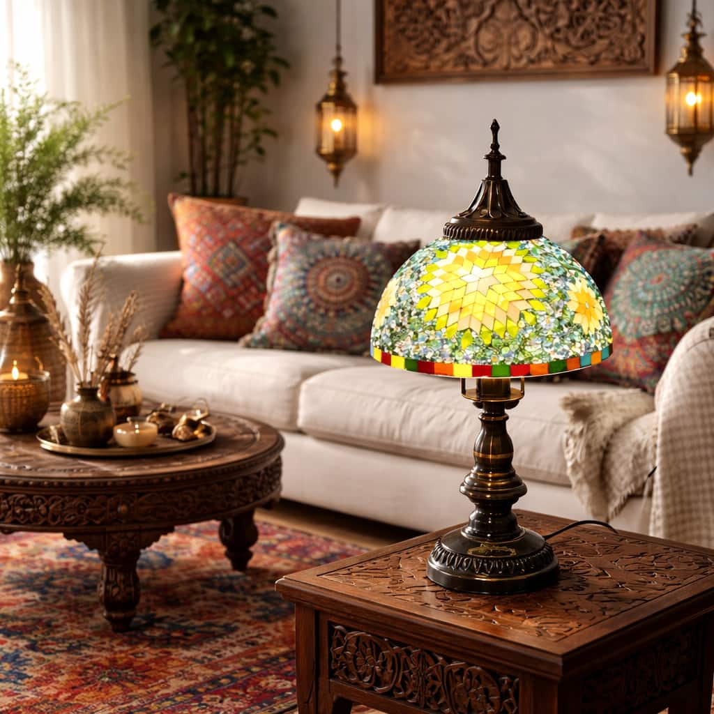 FC Design - 16"H Bronze Ornate Base Green Starburst Dome Turkish Lamp