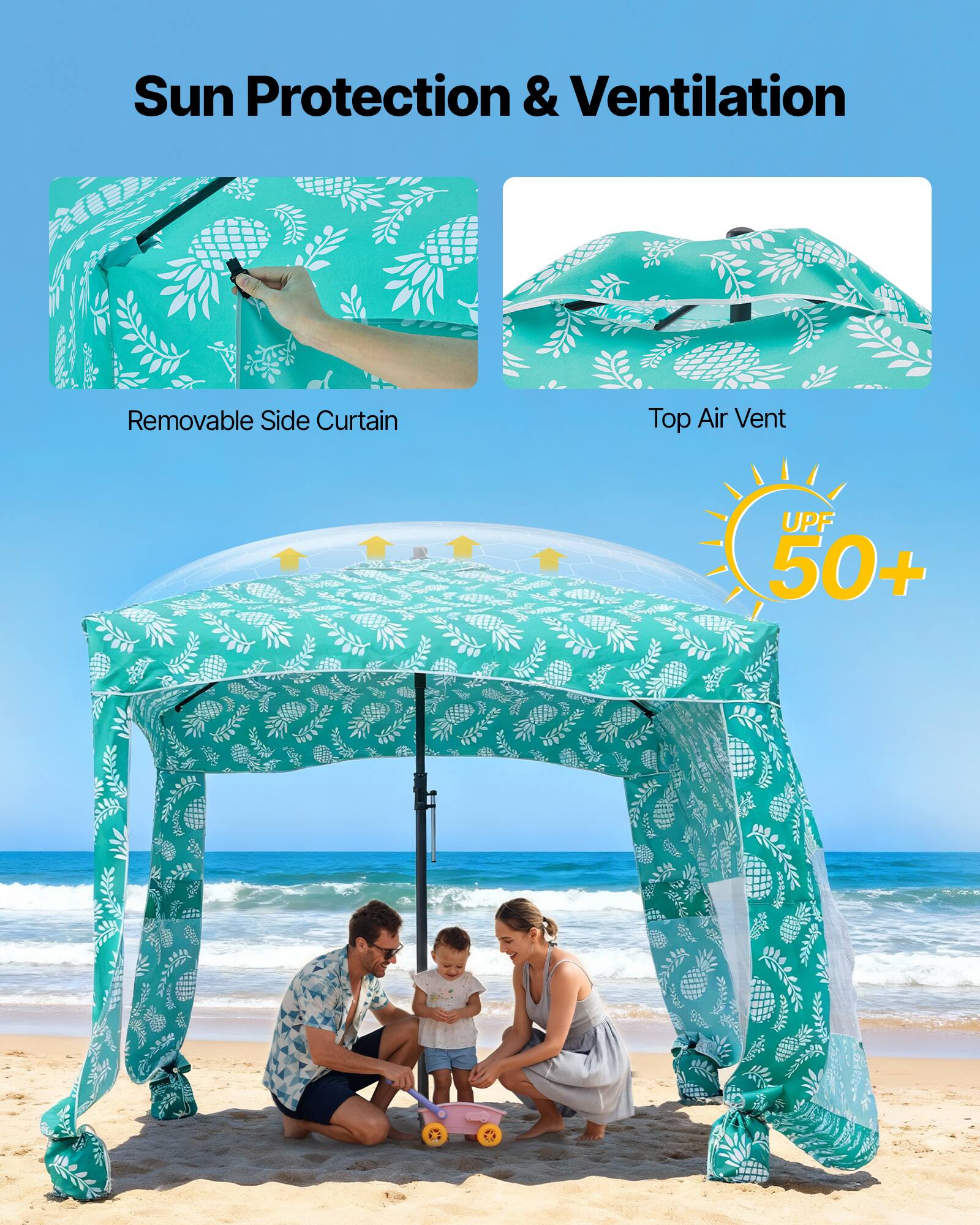 Sun Protection & Ventilation

- Removable Side Curtain
- Top Air Vent
- UPF 50+