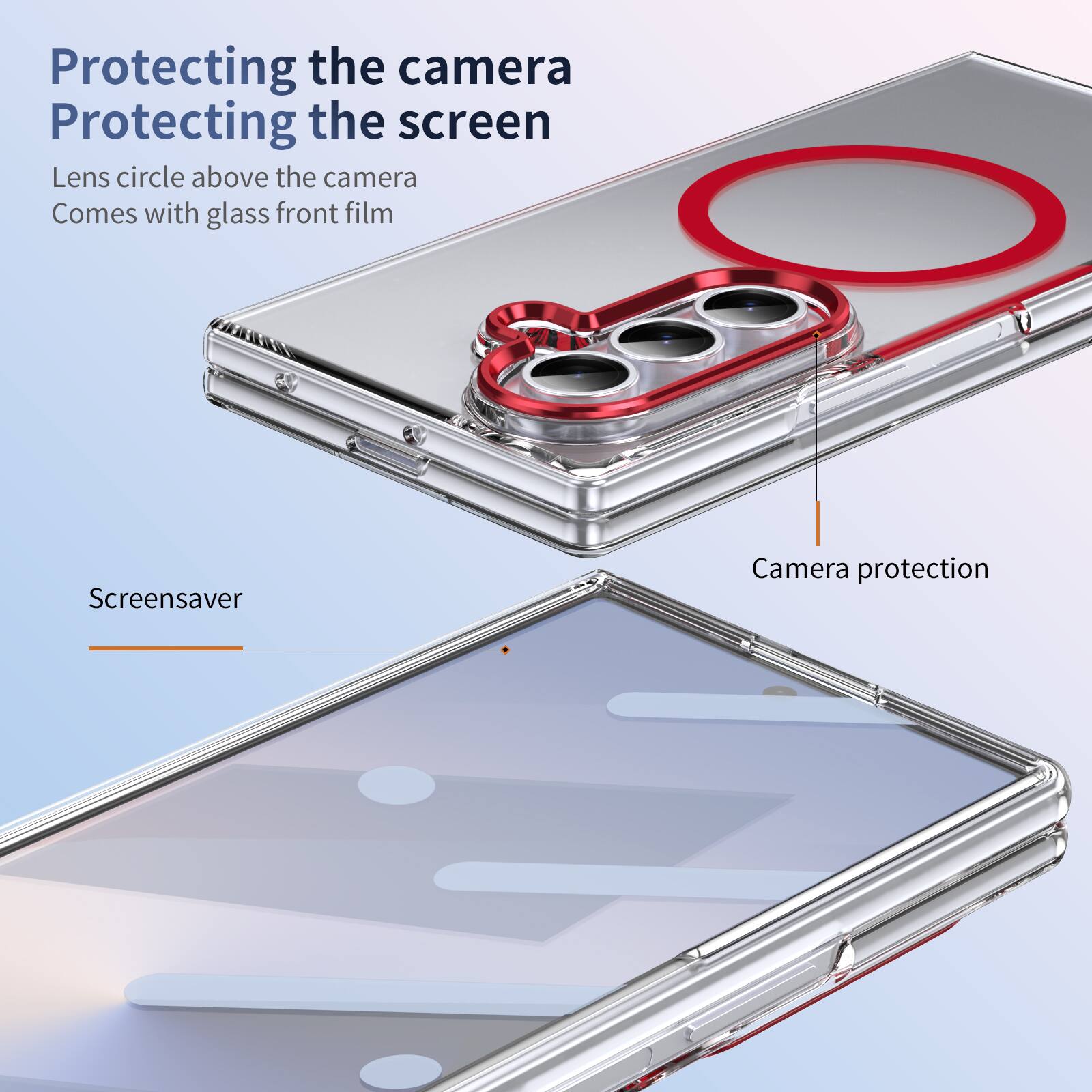 Protecting the camera  
Protecting the screen  
Lens circle above the camera  
Comes with glass front film  

Screensaver  
Camera protection