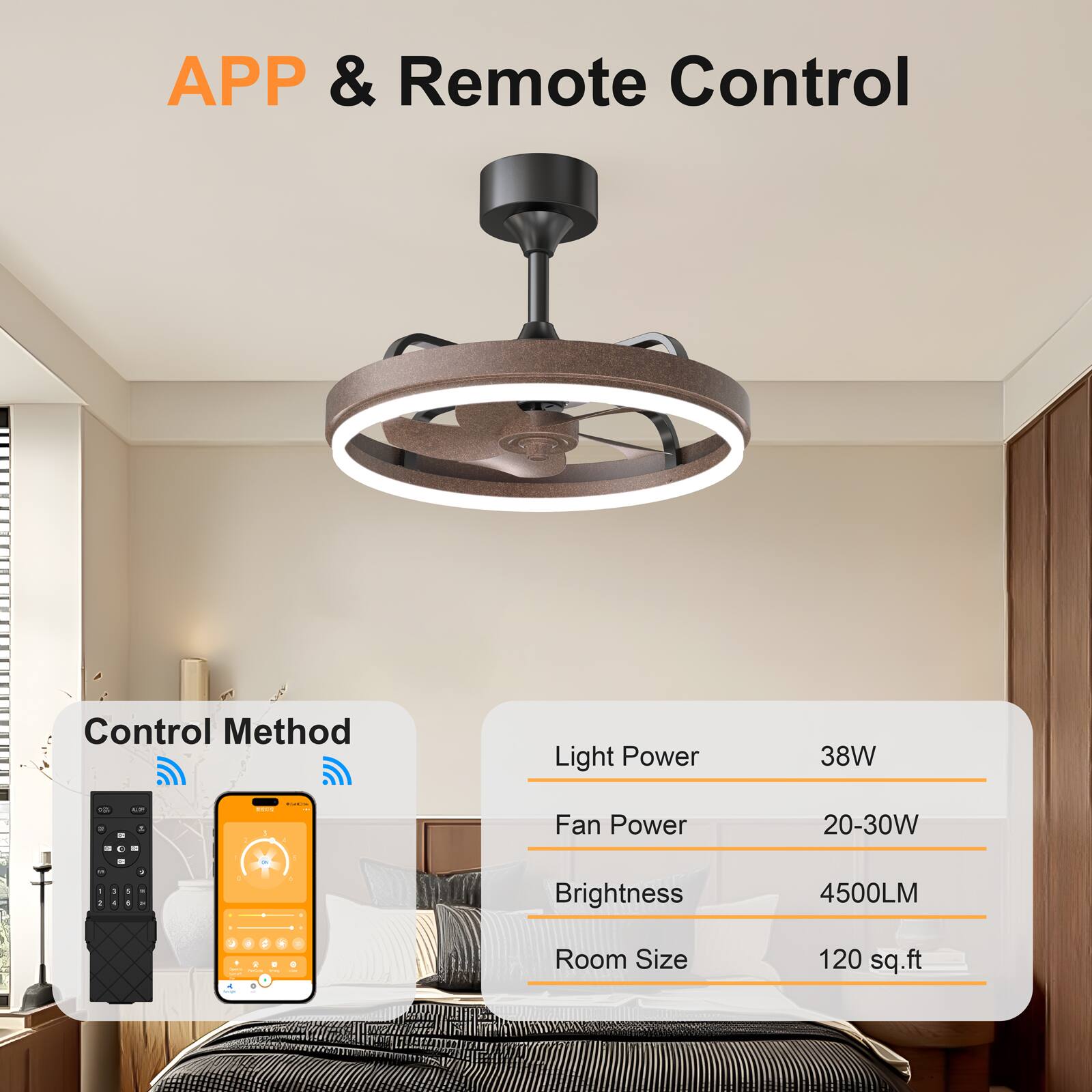 APP & Remote Control

Control Method

Light Power: 38W  
Fan Power: 20-30W  
Brightness: 4500LM  
Room Size: 120 sq.ft