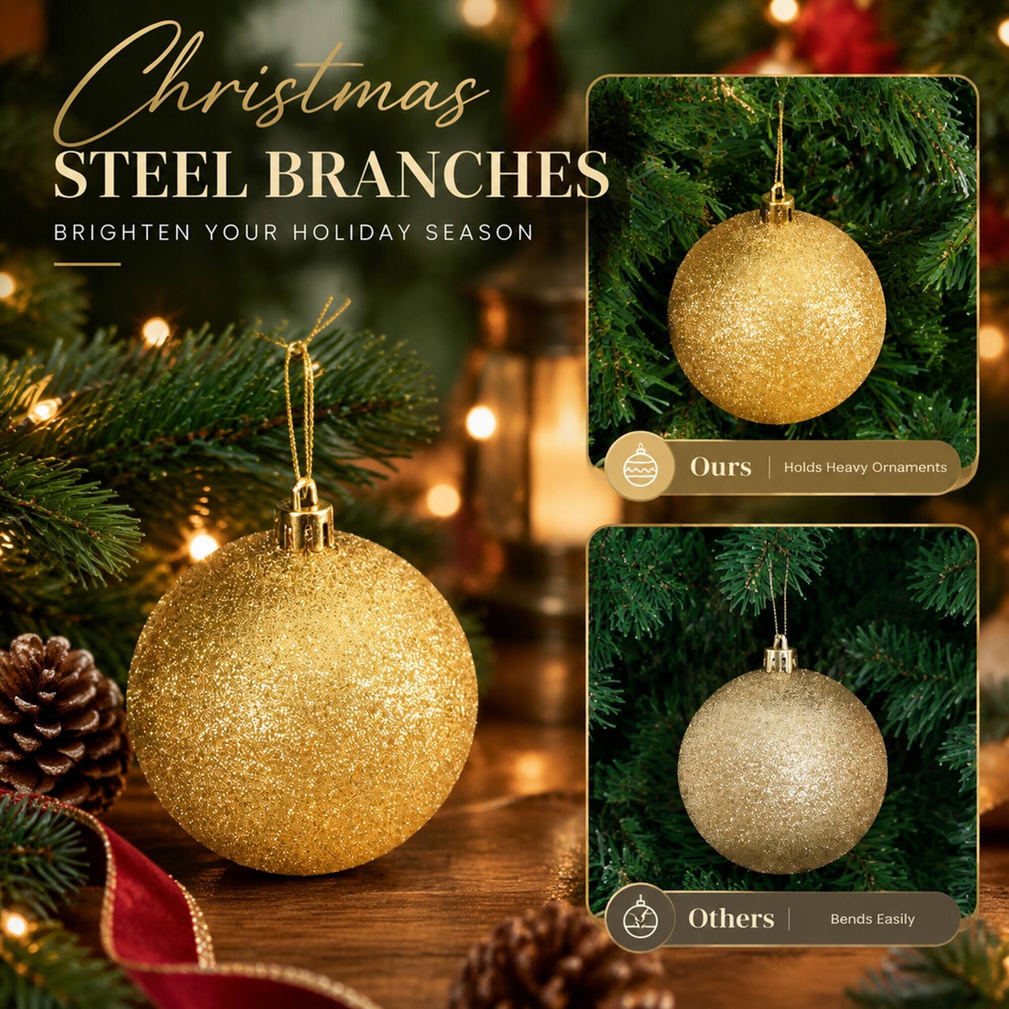 Christmas STEEL BRANCHES BRIGHTEN YOUR HOLIDAY SEASON

Ours
Holds Heavy Ornaments

Others
Bends Easily