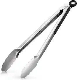 Zulay Kitchen - 12-Inch Stainless Steel Cooking Tongs with Locking Handle & Scalloped Grip - Black