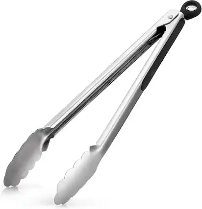 Front. Zulay Kitchen - Zulay Kitchen 12-Inch Stainless Steel Cooking Tongs with Locking Handle & Scalloped Grip - Black.