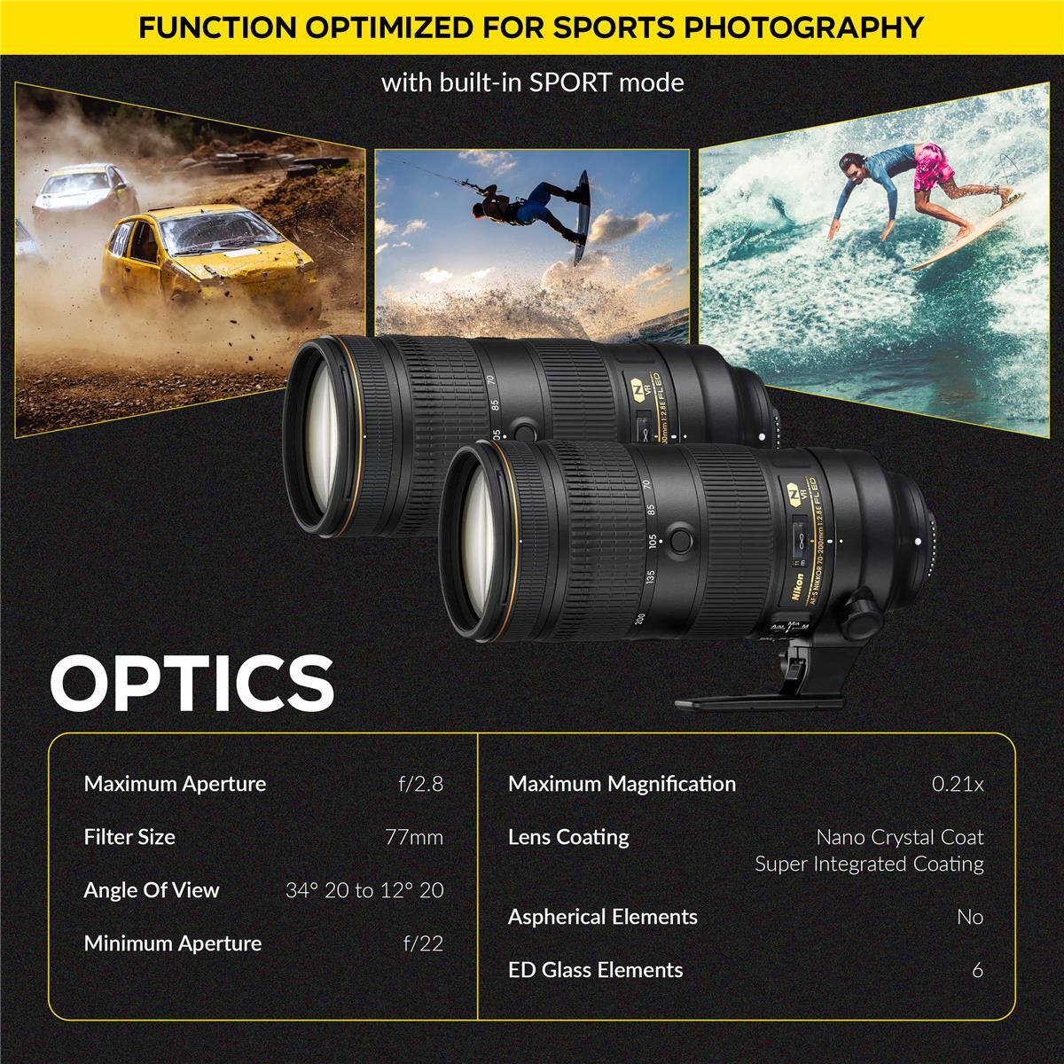 FUNCTION OPTIMIZED FOR SPORTS PHOTOGRAPHY  
with built-in SPORT mode  

OPTICS  
Maximum Aperture: f/2.8  
Filter Size: 77mm  
Angle Of View: 34° 20' to 12° 20'  
Minimum Aperture: f/22  
Maximum Magnification: 0.21x  
Lens Coating: Nano Crystal Coat, Super Integrated Coating  
Aspherical Elements: No  
ED Glass Elements: 6