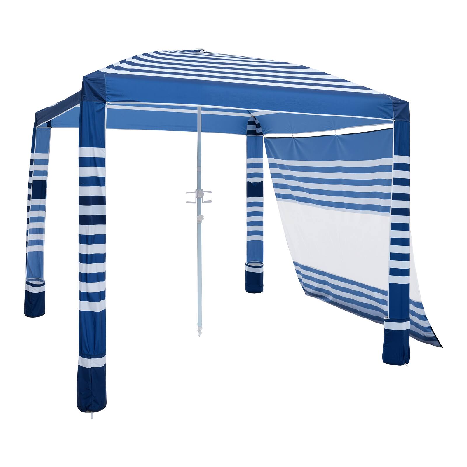 Alt View 5. VEVOR - Beach Cabana, 8 x 8 ft Beach Canopy with Side Wall, UPF 50+ Protection Easy Setup Cabana Tent with Sand Pockets - Dark blue and white striped.