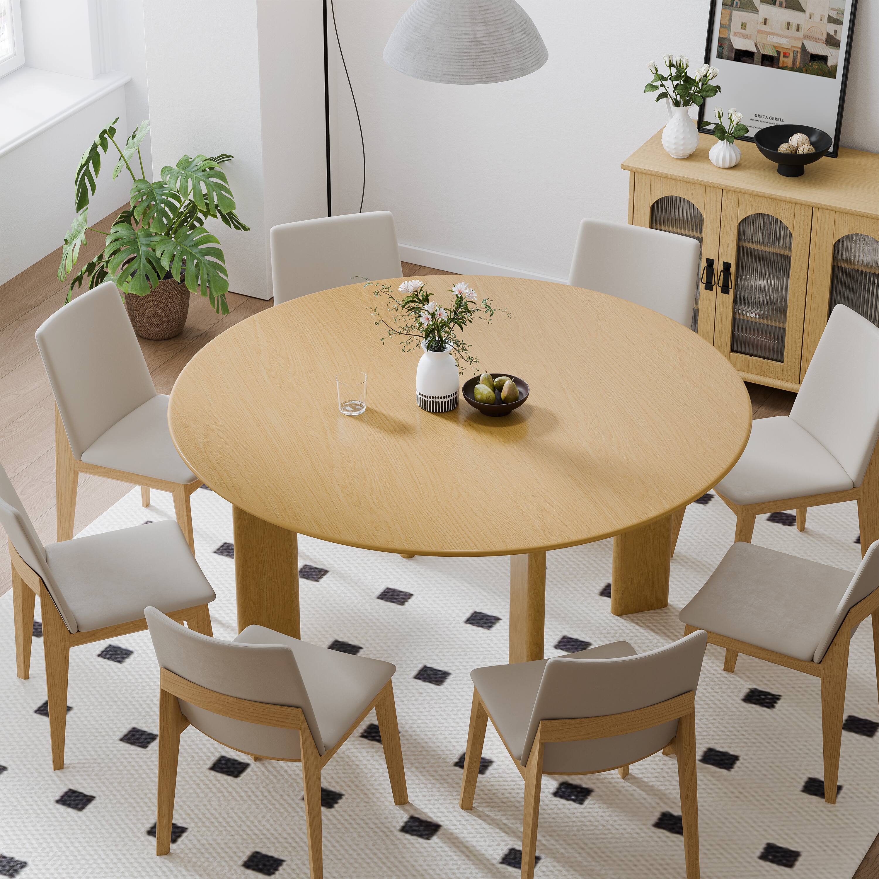 Alt View 2. Lirago - 59in. Tapered Leg Round Natural Dining Table Solid Wood Timeless Style,Seats 10 People - Beige.