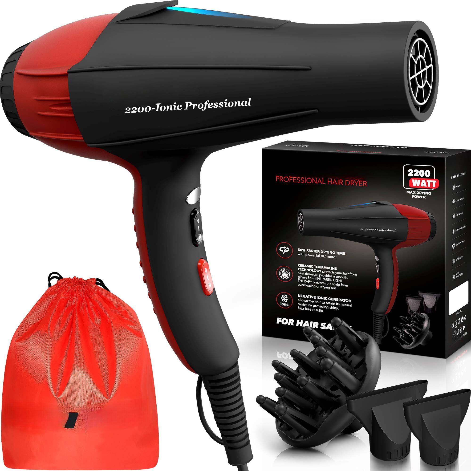 The Best Inks - 2200W Tourmaline Hair Dryer Professional Grade with Advanced Technology for Fast Drying Salon Quality Results - Black/Red