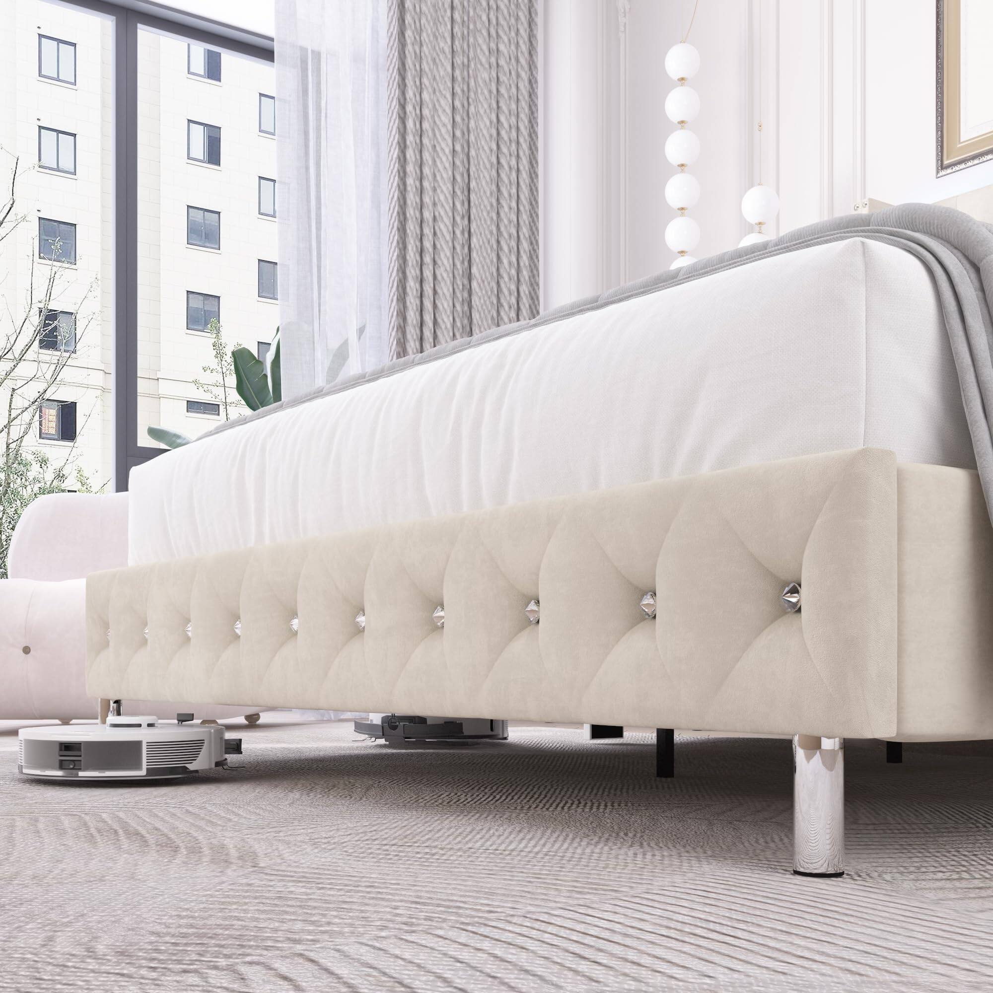 Alt View 4. Lent Glitter Wood - Queen LED Upholstered Bed Frame with Wingback Headboard, Velvet Diamond Tufting, USB/Type-C Ports & Lights - white.