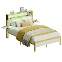 Bestier Full Bed Frame with Headboard Foldable Shelves LED Lighting Charging Station Non-Slip Metal - White - Front_Zoom