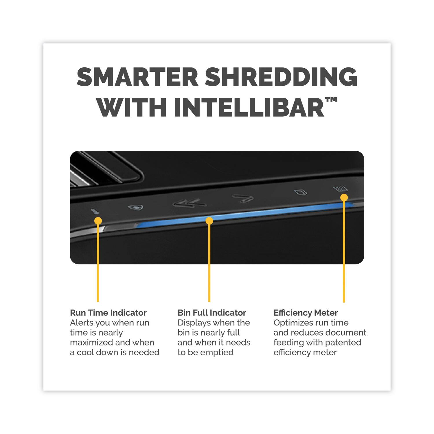 **Smarter Shredding with IntelliBar™**

- **Run Time Indicator:** Alerts you when run time is nearly maximized and when a cool down is needed.
- **Bin Full Indicator:** Displays when the bin is nearly full and when it needs to be emptied.
- **Efficiency Meter:** Optimizes run time and reduces document feeding with patented efficiency meter.
