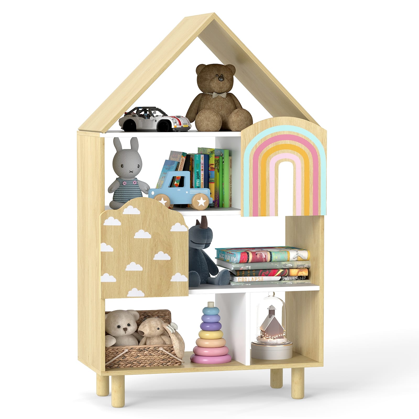 Gymax - House-Shaped Kids Bookshelf 4-Tier Toy Storage Organizer w/ Open Compartments - Natural