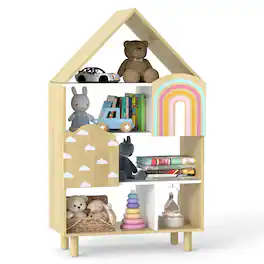 Gymax - House-Shaped Kids Bookshelf 4-Tier Toy Storage Organizer w/ Open Compartments - Natural
