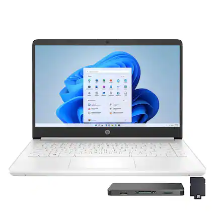 Front. HP - HP Stream 14" HD Laptop,Intel Celeron N4120,4GB RAM,64GB eMMC+160GB Docking Station,1 Year Office 365,Win 11,White - White.