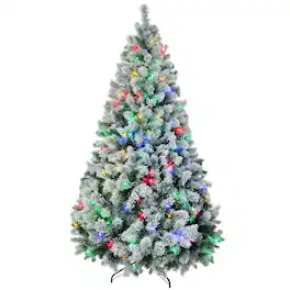 Homcom - Prelit Artificial Christmas Tree, 607 Snow Flocked Branches, 350 Warm White or Colorful LEDs, Steel Base - Green