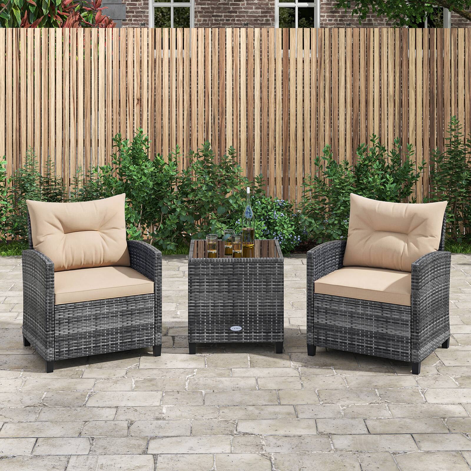 Alt View 1. Gymax - Gymax 3PCS Patio Rattan Furniture Bistro Set Cushioned Sofas Side Table Armrest - Grey.