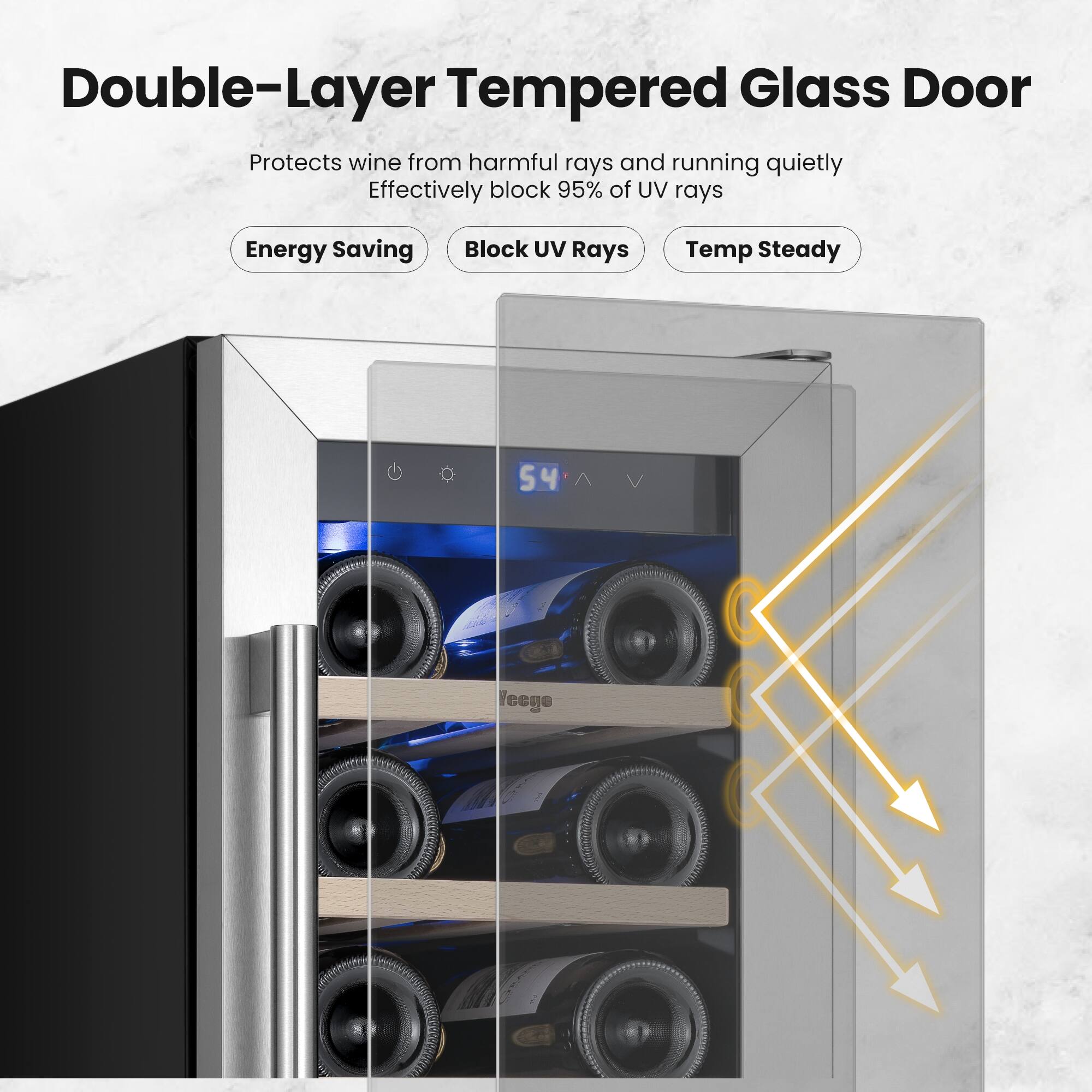 Double-Layer Tempered Glass Door  
Protects wine from harmful rays and running quietly  
Effectively block 95% of UV rays  

Energy Saving  
Block UV Rays  
Temp Steady