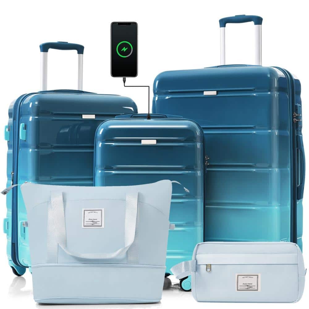 BreeBe - 5 Piece ABS+PC Hardshell Luggage Set with Spinner Wheels, 20'' Suitcase with USB Port and Matching Travel Bag - Blue