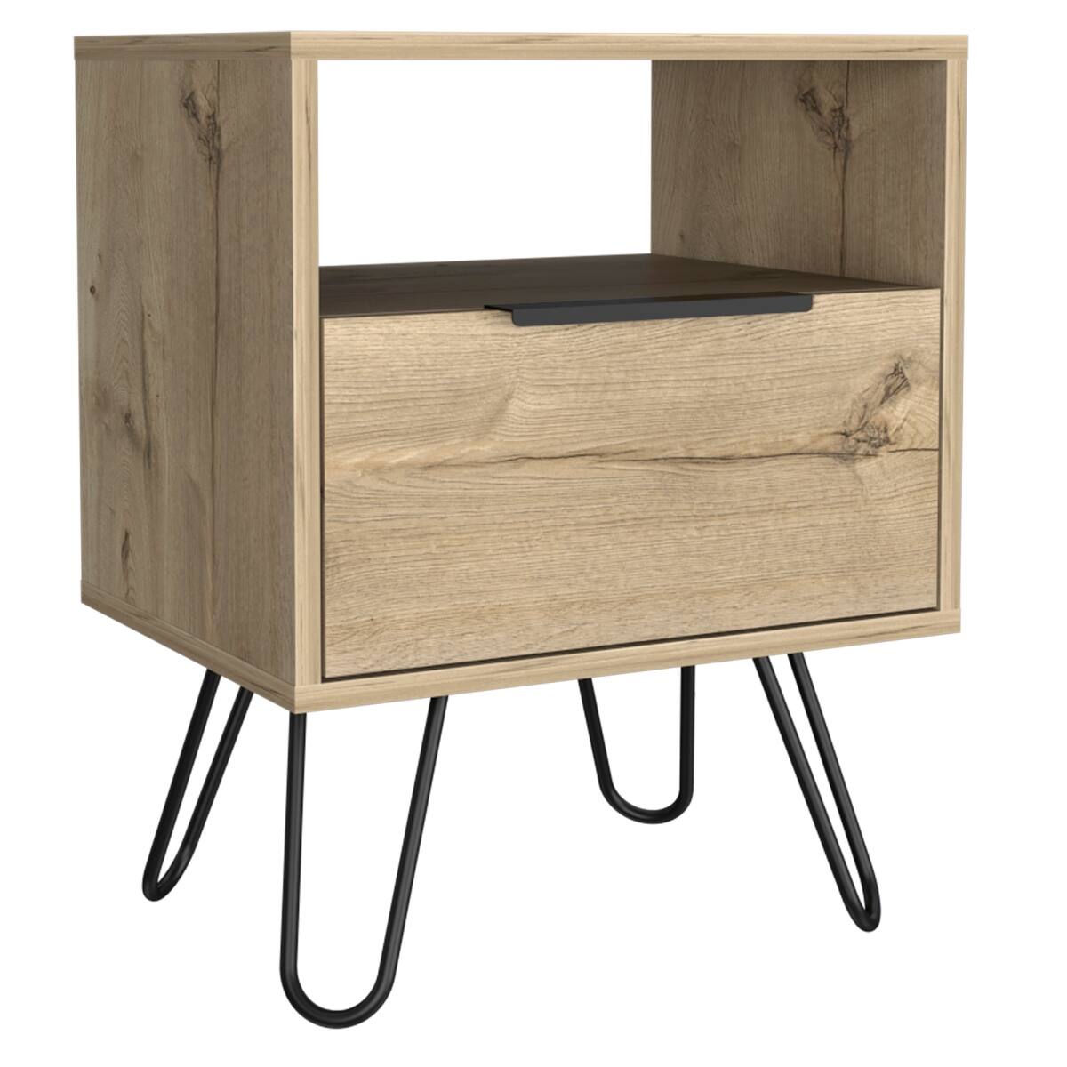 Back. Loheer - Loheer Light Oak Nightstand with Open Shelf, Single-Door Cabinet and Hairpin Legs - Beige.
