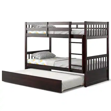 Front. Costway - Costway Twin Over Twin Bunk Bed with Twin Trundle Solid Wood Frame - Espresso.