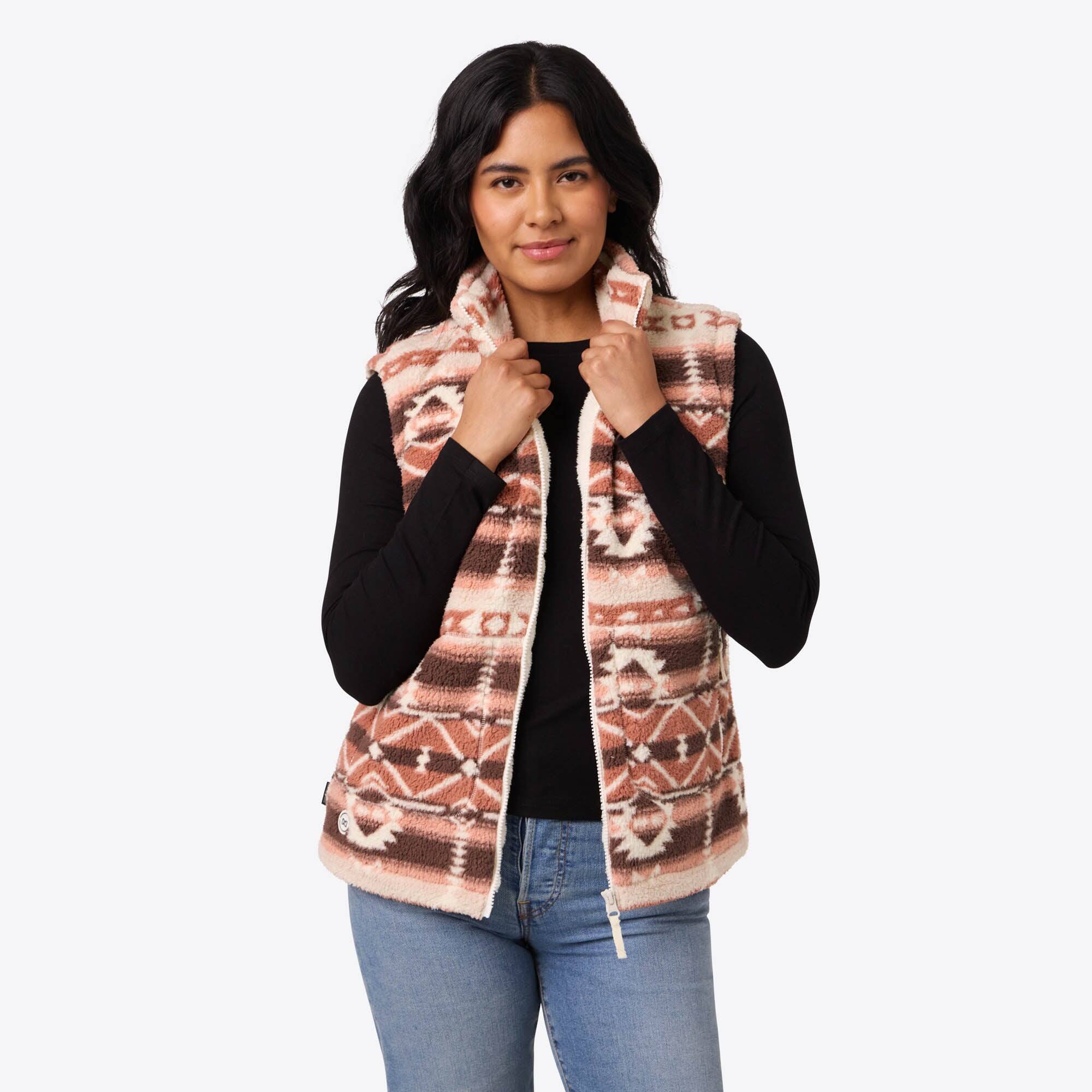 Front. Mobile Warming - Women's Upland Sherpa Long Printed Heated Vest - Clay Aztec.