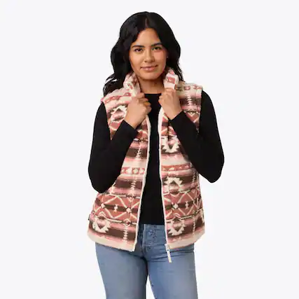 Front. Mobile Warming - Women's Upland Sherpa Long Printed Heated Vest - Clay Aztec.