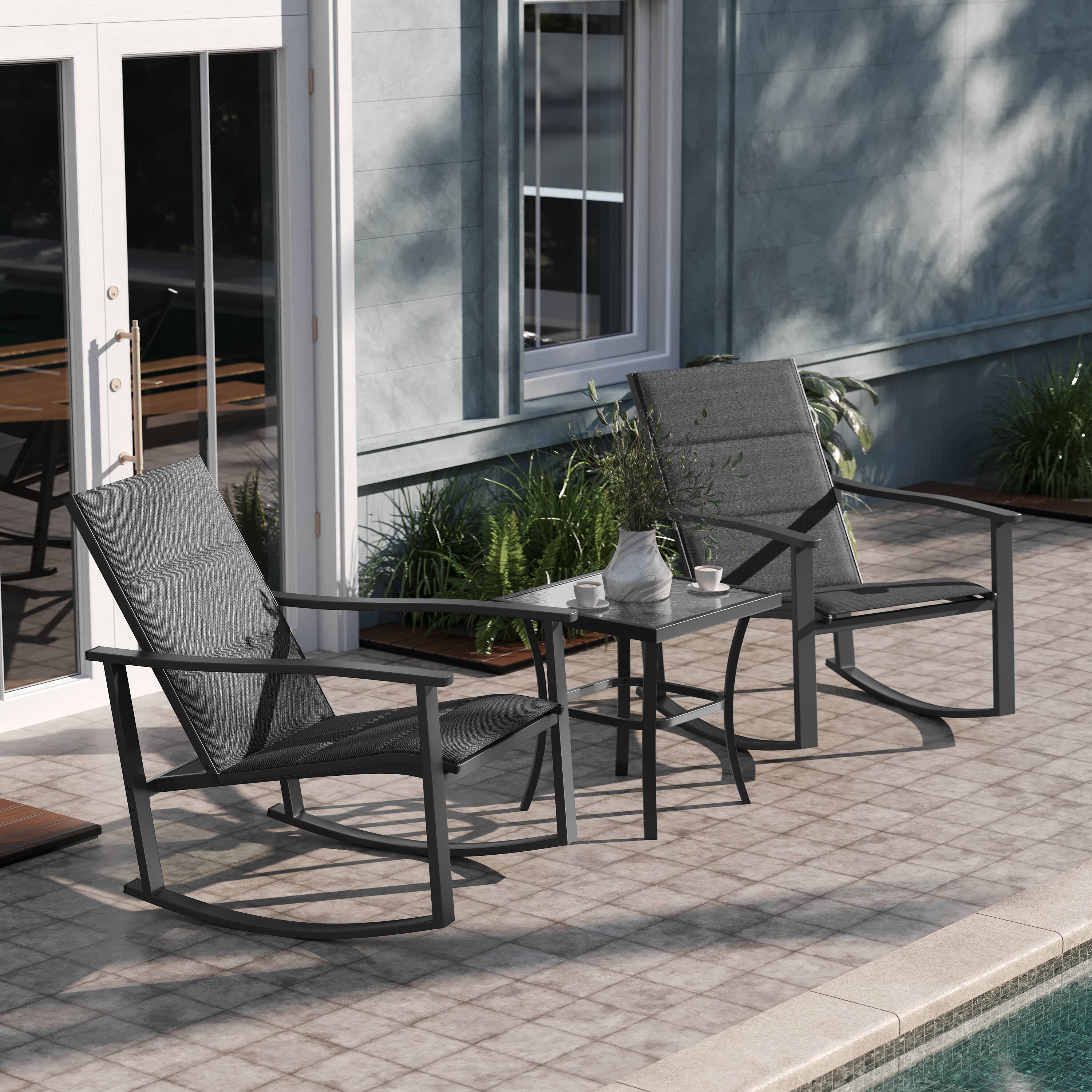 Alt View 3. Emma + Oliver - Braelin 3 Piece Outdoor Rocking Chair Patio Set with Flex Comfort Material and Metal Framed Glass Top Table - Black.