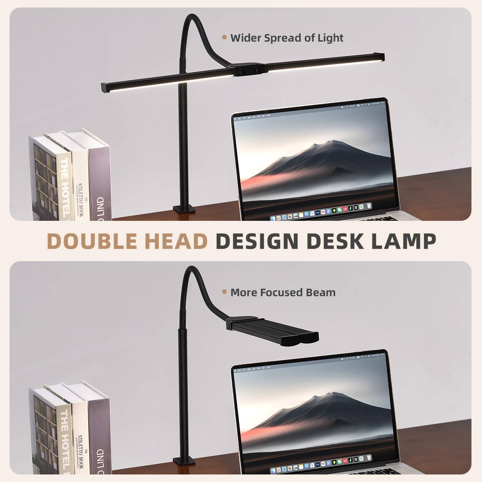 Wider Spread of Light  
THE HOTEL OLITHIS I | BOOK LIND F . 00 a 0 DOUBLE HEAD DESIGN DESK LAMP  

More Focused Beam  
THE HOTEL STILETTO I | BOOK LIND O 1 - d a A . 1 E - S 2