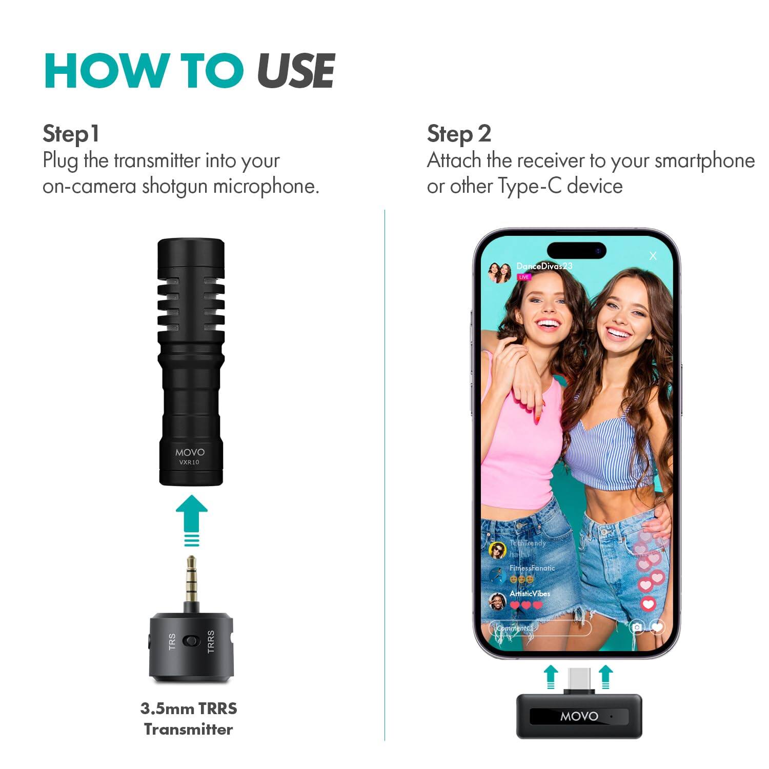 **HOW TO USE**

**Step 1**  
Plug the transmitter into your on-camera shotgun microphone.

**Step 2**  
Attach the receiver to your smartphone or other Type-C device.

---

**3.5mm TRRS Transmitter**