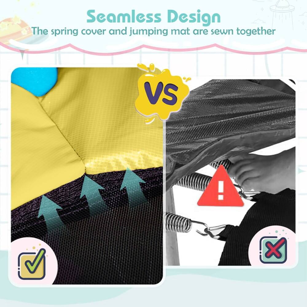 Seamless Design  
The spring cover and jumping mat are sewn together  

VS  

The spring cover and jumping mat are sewn together