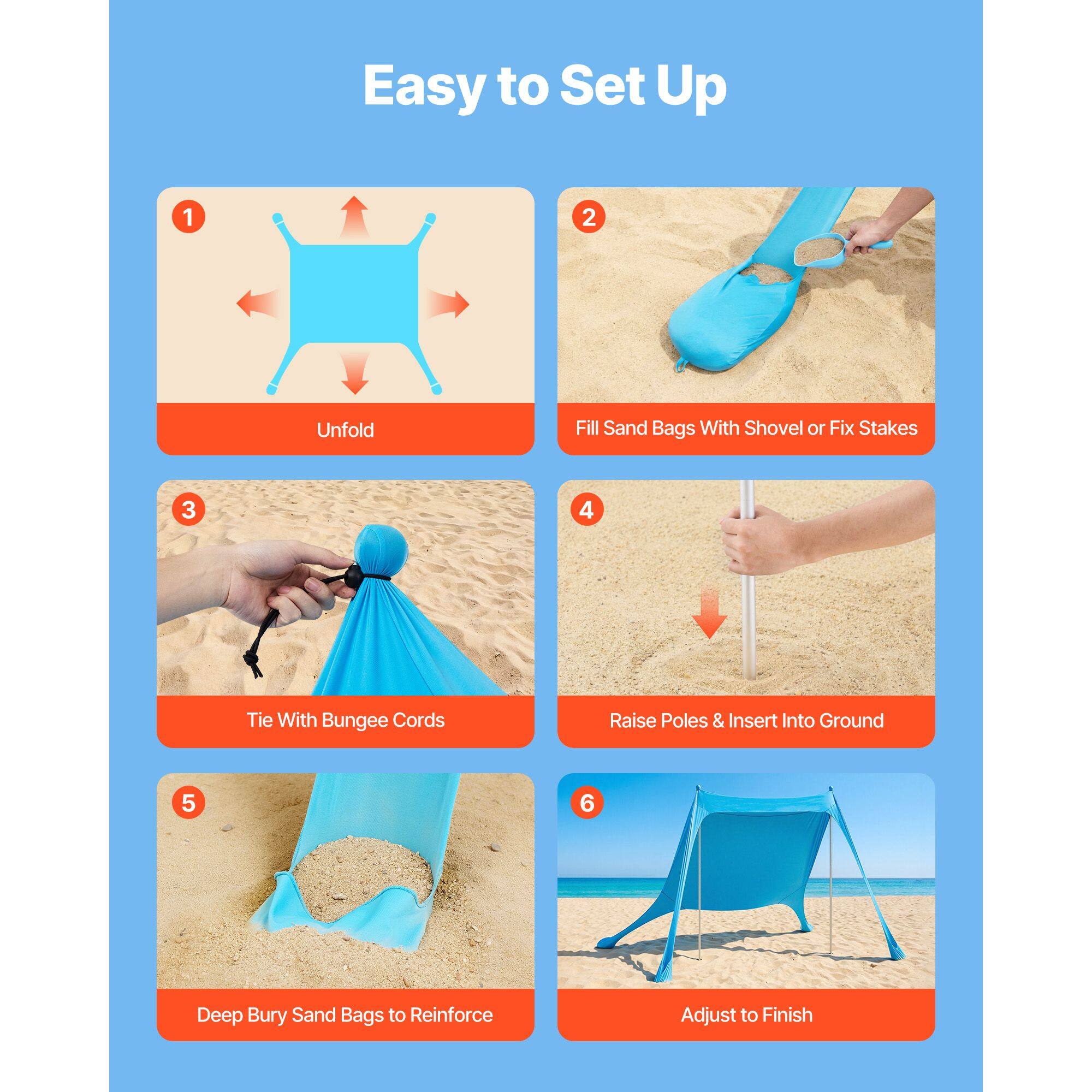 Easy to Set Up

1. Unfold
2. Fill Sand Bags With Shovel or Fix Stakes
3. Tie With Bungee Cords
4. Raise Poles & Insert Into Ground
5. Deep Bury Sand Bags to Reinforce
6. Adjust to Finish