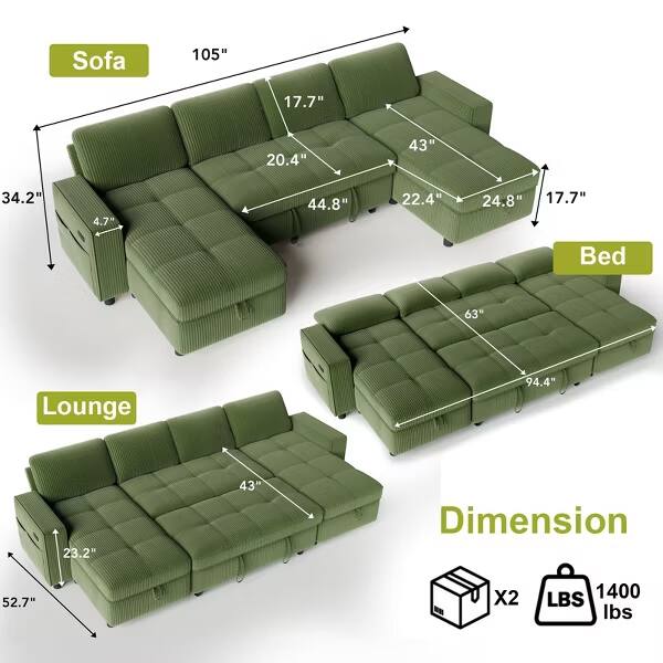 Sofa: 105" x 17.7" x 20.4" x 43" x 34.2" x 4.7" x 44.8" x 22.4" x 24.8" x 17.7"  
Bed: 63" x 94.4" x 23.2" x 43"  
Lounge: 52.7" x 23.2" x 43"  
Dimension: 1400 lbs