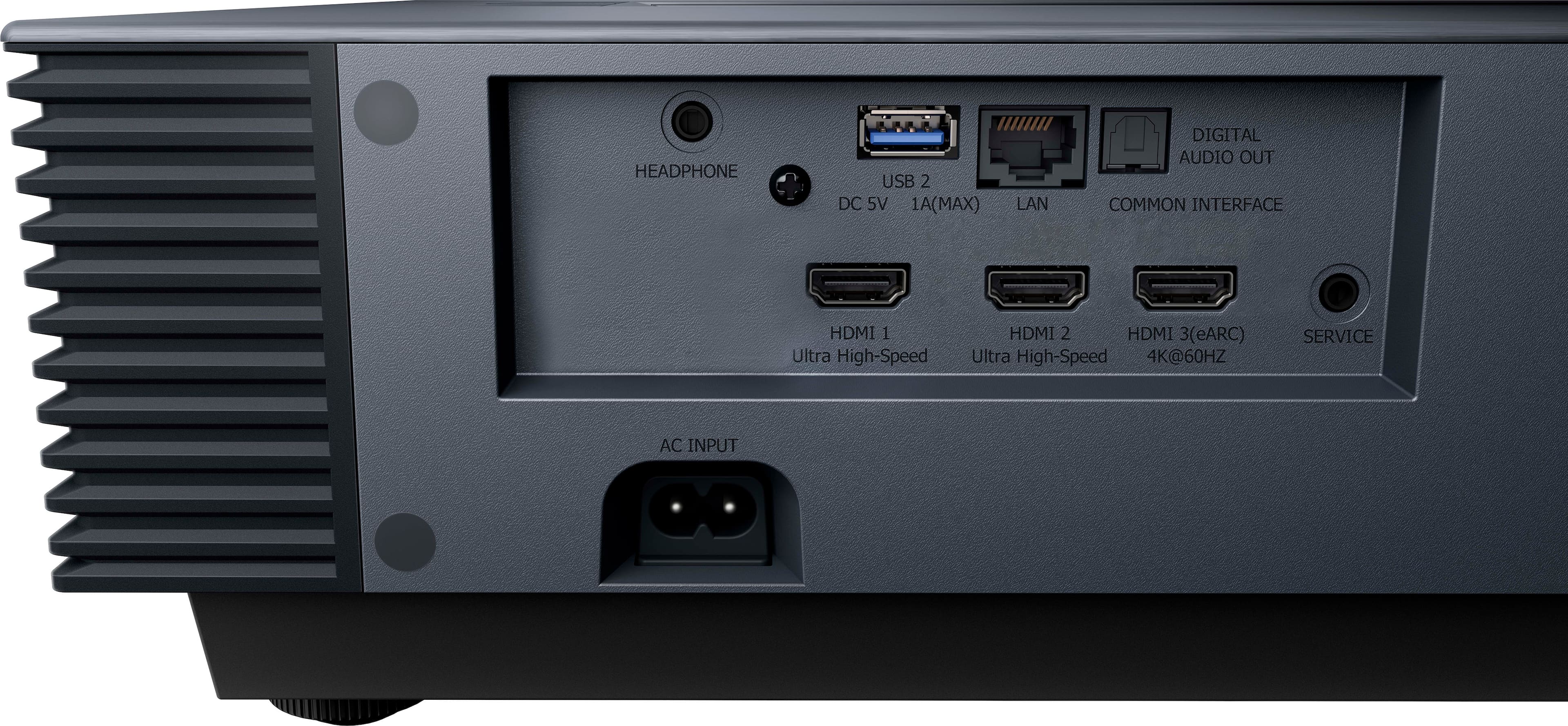 The text on the image reads:
"Headphone USB 2.0 DC 5V 1A (MAX) LAN Digital Audio Out Common Interface HDMI 1 Ultra High-Speed HDMI 2 HDMI 3 (eARC) Ultra High-Speed 4K@60Hz Service AC Input"
This text describes the various ports and features of the computer tower, including USB, LAN, HDMI, and AC input.