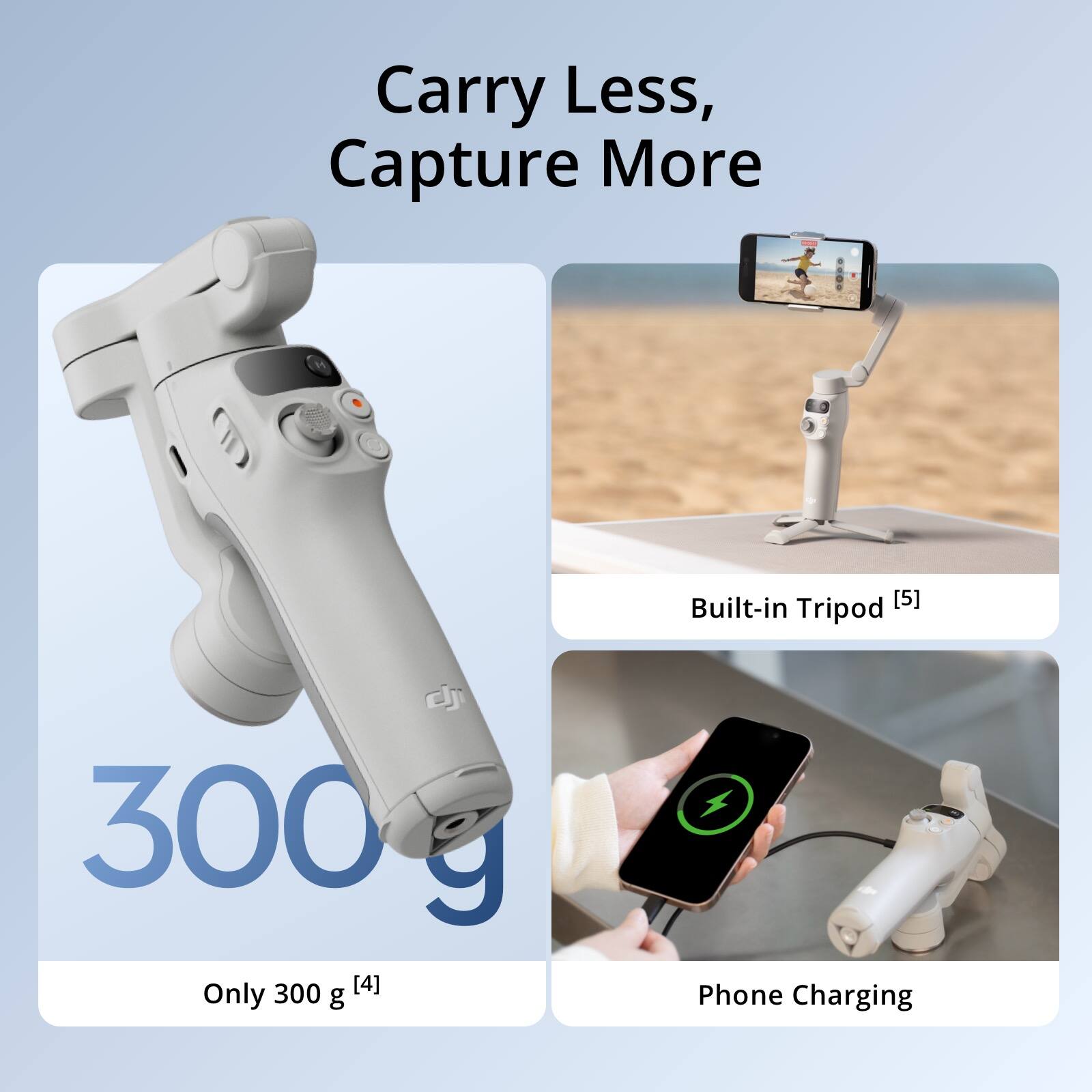 Carry Less, Capture More

Only 300 g [4]

Built-in Tripod [5]

Phone Charging