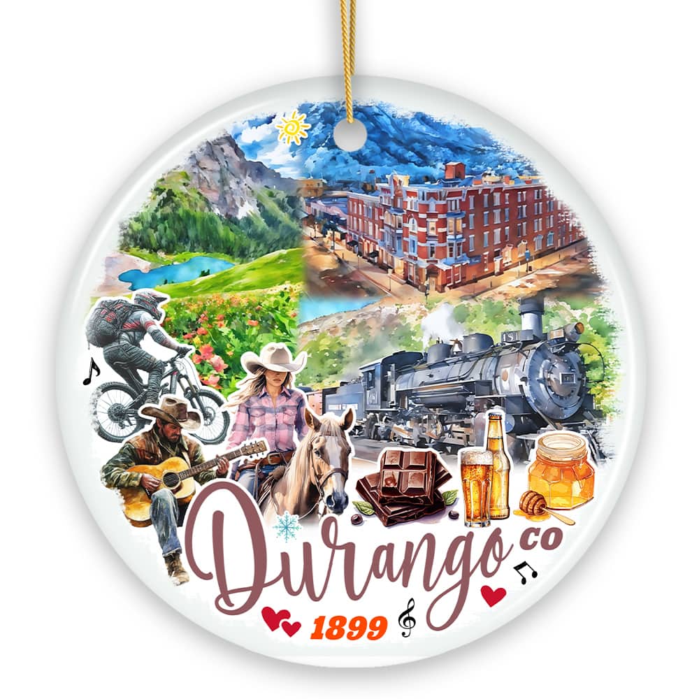 OrnamentallyYou - Rustic Durango Colorado Ornament, Mountain Train Town Christmas Gift (Circle) - Multi-colored